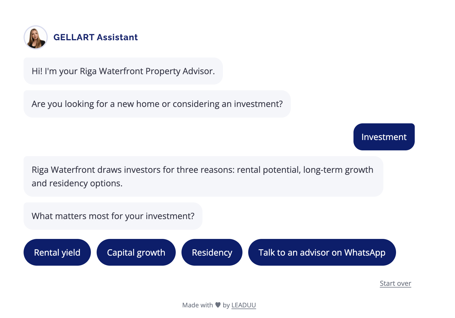 Leaduu in-page AI bot live on Riga Waterfront — investment qualification flow
